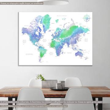 Πίνακας σε καμβά Green blue world map 