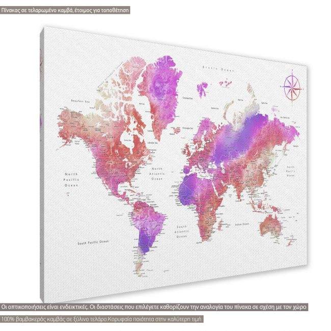 Πίνακας σε καμβά Purple red world map , κοντινό. Διαθέσιμο και σε κάδρο μαύρη κορνίζα, λευκή κορνίζα, ξύλινη κορνίζα, αφίσα, πόστερ