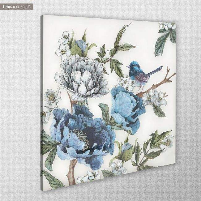Canvas print Flowers and blue sparrow I