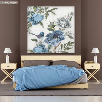 Canvas print Flowers and blue sparrow II