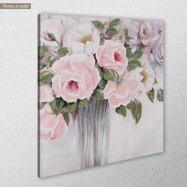 Πίνακας σε καμβά Pink roses in vase I, κοντινό