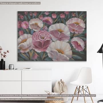 Canvas print, Pink flowers, green leaves